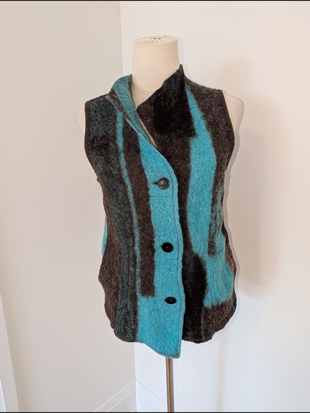 Turquoise and Grey Boiled Wool  Button-Front Women's Sweater Vest